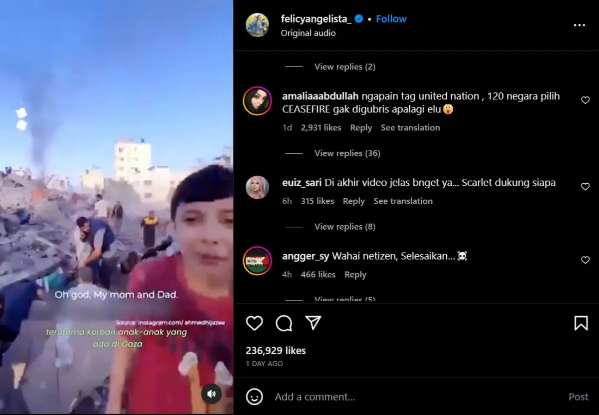 Felicya Angelista mengunggah video di Instagram miliknya. Unggahan video tersebut menjadi awal mula tudingan Scarlett Pro Israel.