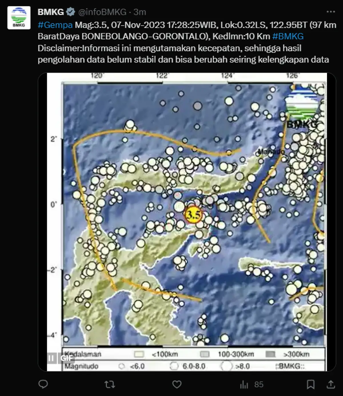 Gempa Gorontalo hari ini Selasa, 7 November 2023 disampaikan oleh BMKG.