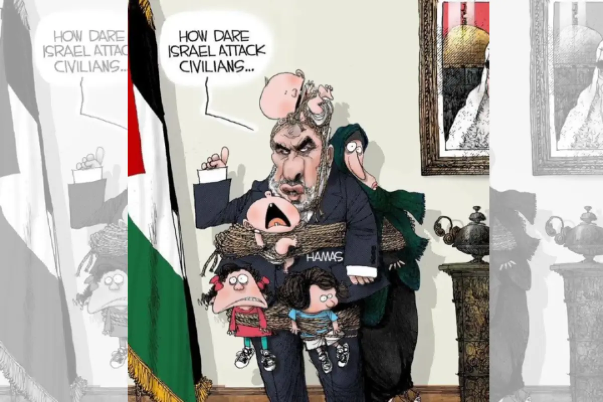 Kartun berjudul "Human Shields" di Washington Post karya Michael Ramirez. (Sumber : X/DaliaHatuqa)