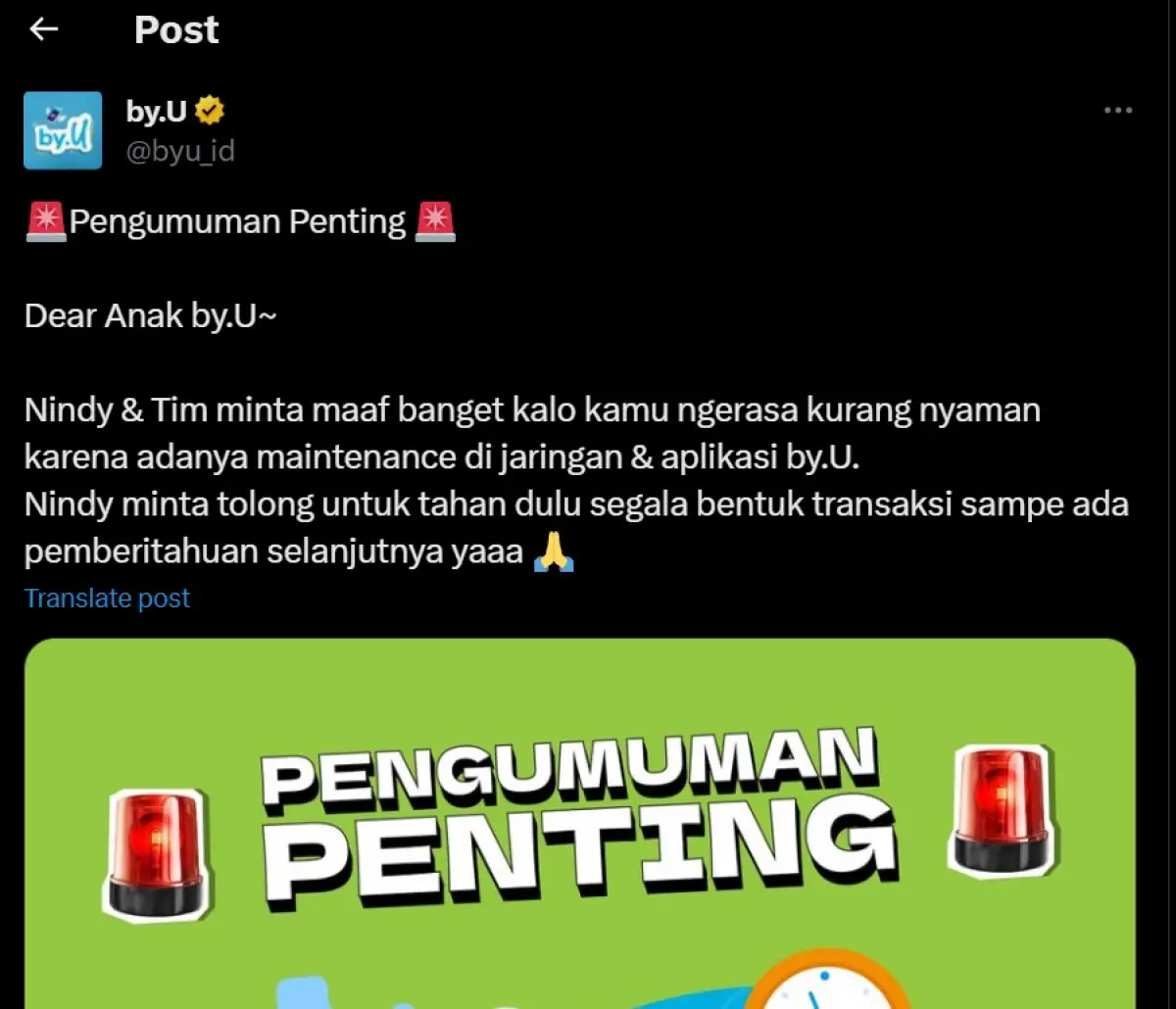 Jaringan internet By.U eror atau mengalami gangguan hari ini, Kamis, 9 November 2023. Bahkan, hal tersebut terjadi beberapa kali.