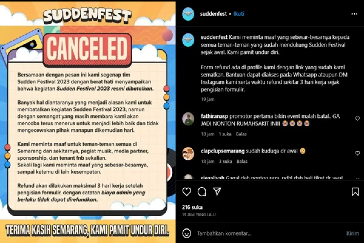 Penyebab Sudden Festival atau Suddenfest dibatalkan belum diketahui. Pihak penyelenggara tidak secara detail menginformasikan penyebab festival musik dibatalkan.