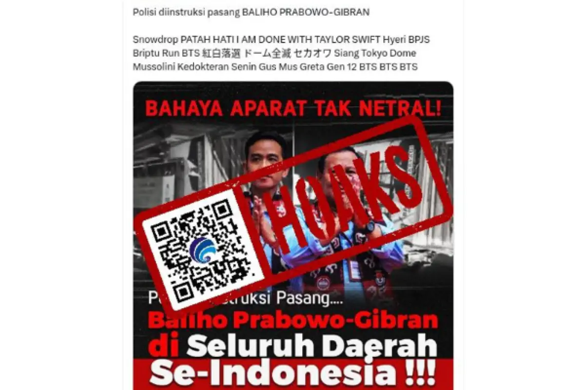 Kemenkominfo menandai kabar pemasangan baliho Prabowo-Gibran oleh Polisi sebagai hoaks. (Sumber : Kemenkominfo)