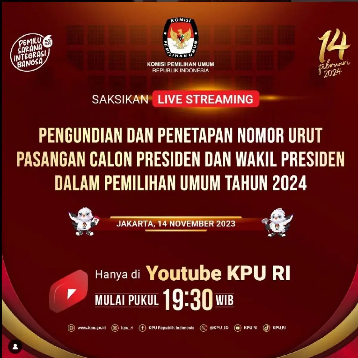Anda dapat memilih salah satu dari 3 link live streaming pengundian nomor urut Capres Cawapres 2024 di artikel ini.