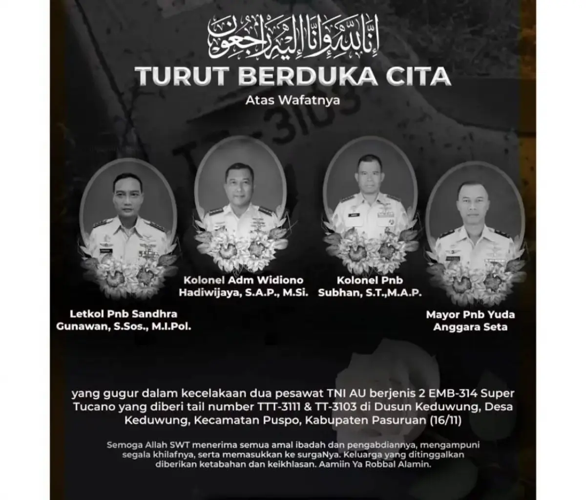 Empat korban pesawat TNI jatuh di Pasuruan (Sumber : instagram @infomalangraya)