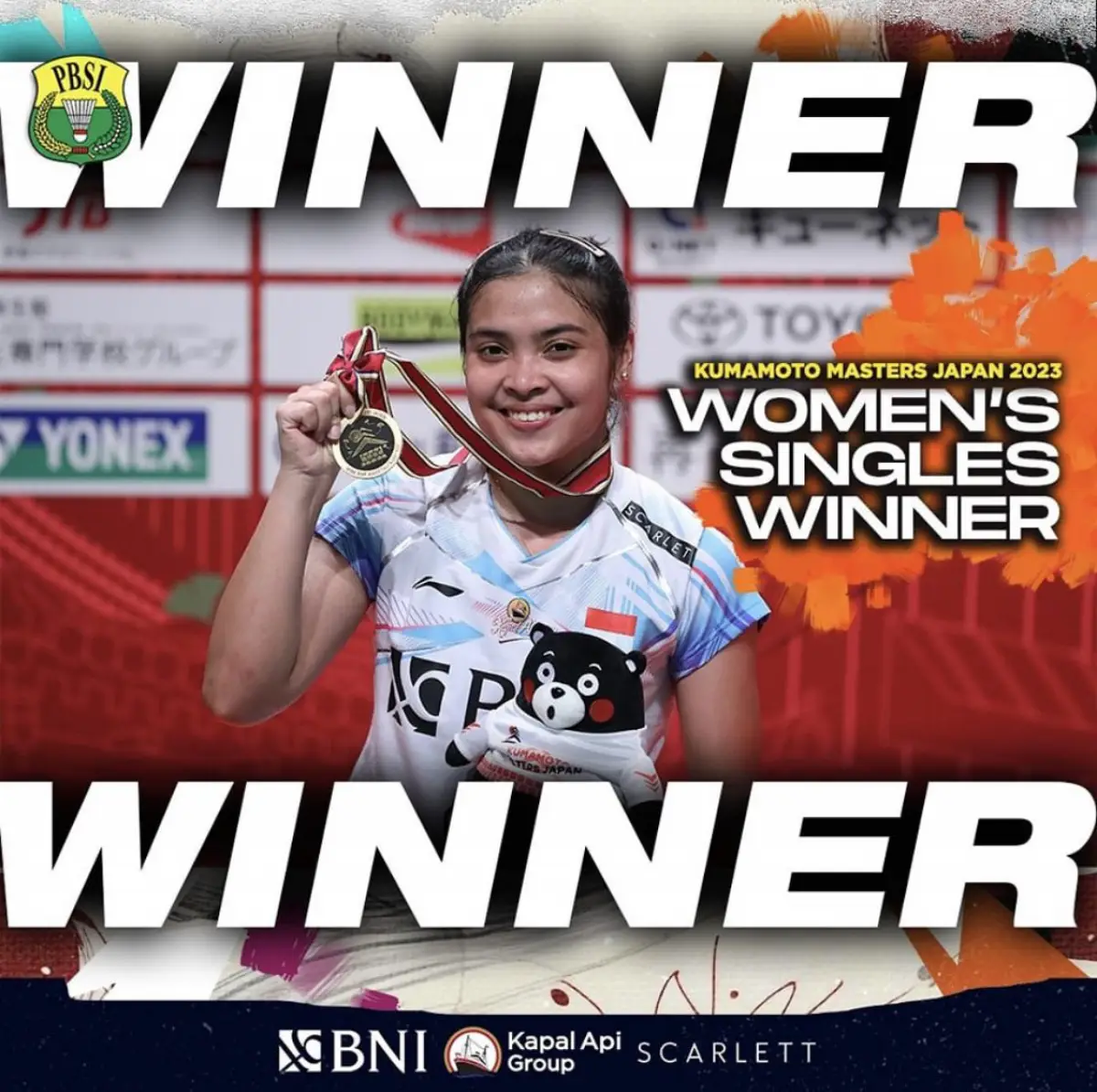 Gregoria Mariska Tunjung juara tunggal putri Kumamoto Japan Masters 2023 (Sumber : instagram @badminton.ina)