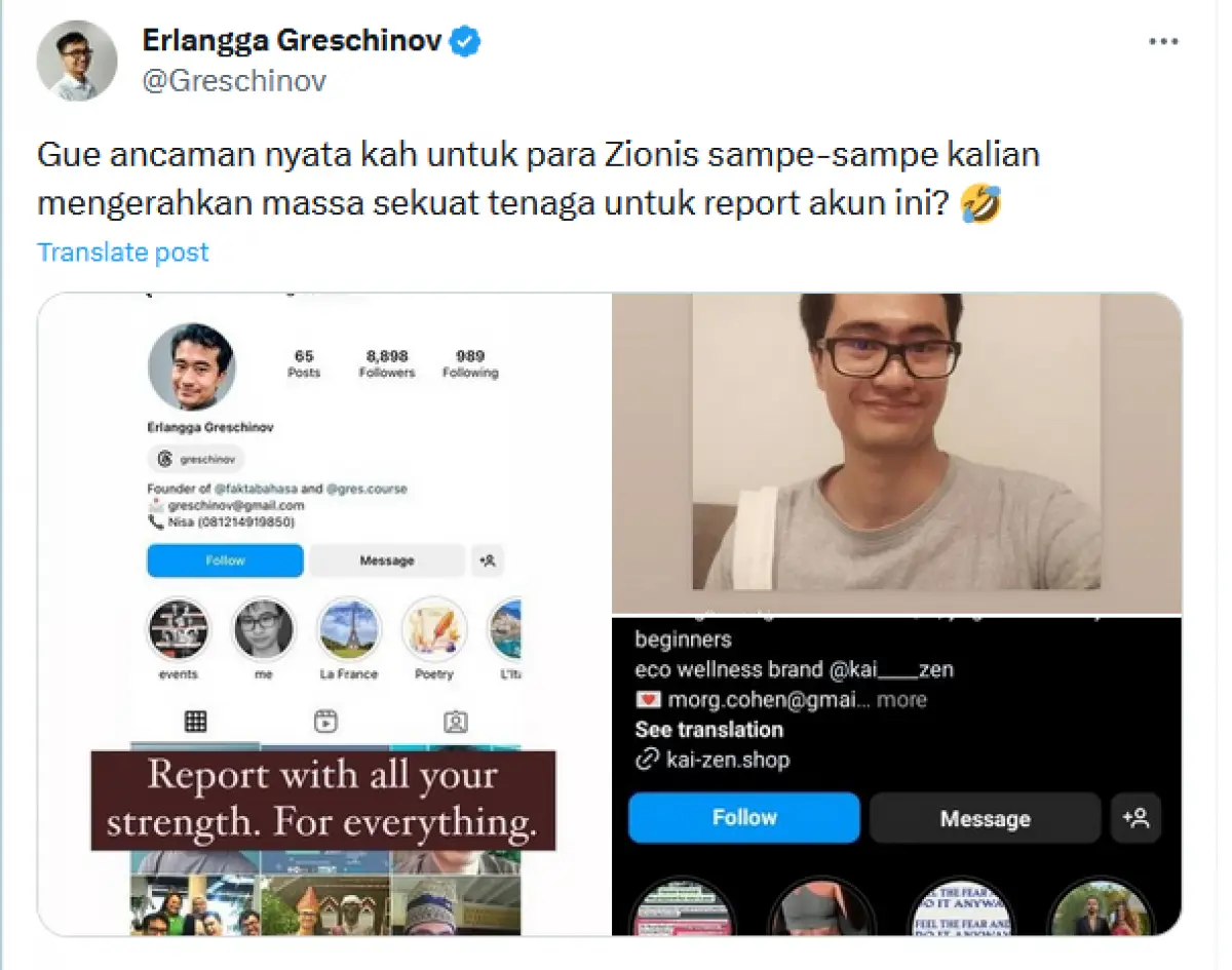 Siapa Erlangga Greschinov? Orang Indonesia yang Bikin Tentara Israel Ketar-ketir di Instagram (Sumber : Twitter/@Greschinov)