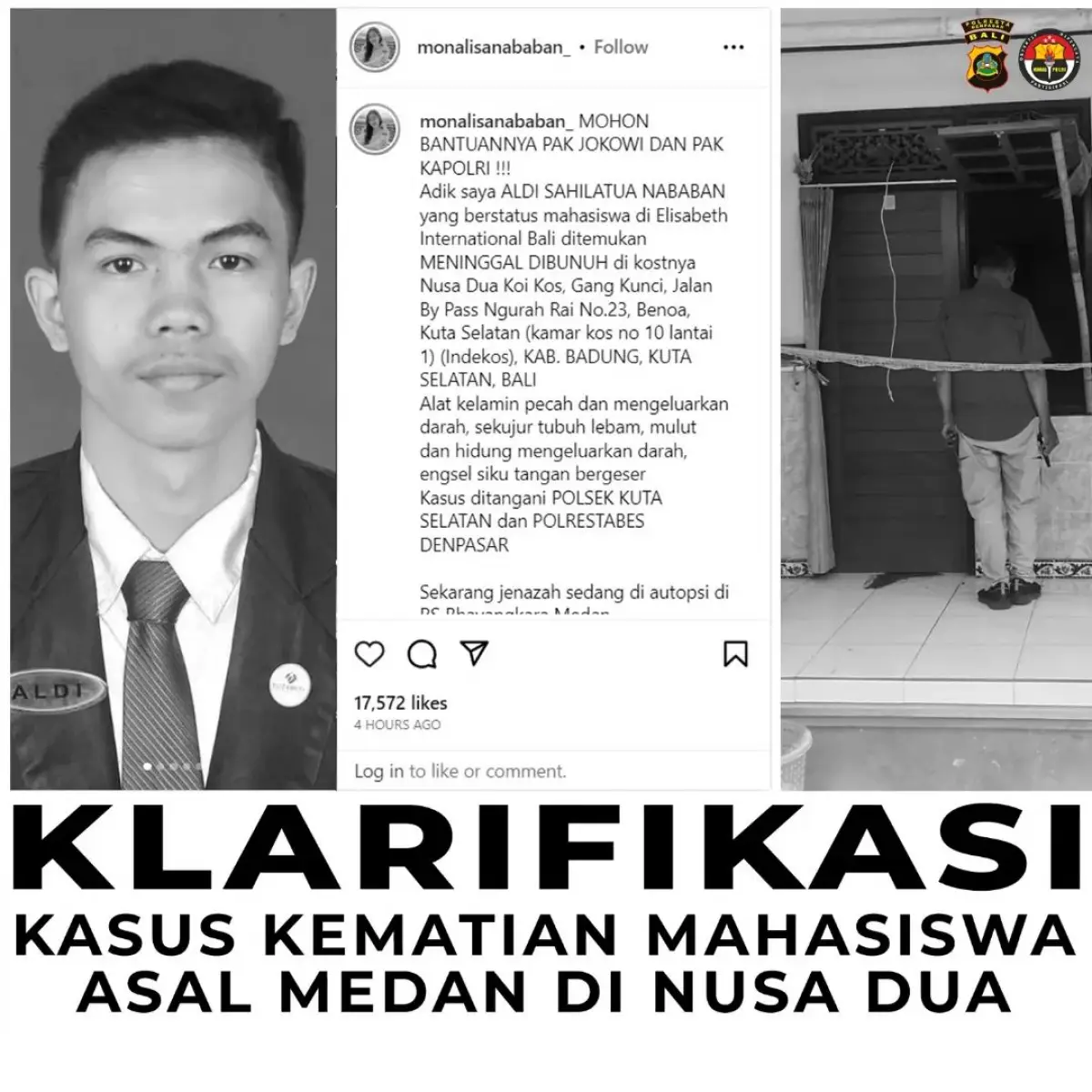 Polresta Denpasar membeberkan klarifikasi dan kronologi penemuan Mahasiswa yang meninggal tak wajar di kamar kosnya, Kel Benoa, Bali. (Sumber : Instagram/polrestadenpasar)
