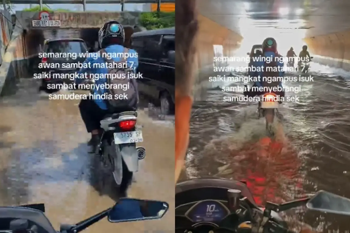 Beredar Video Mahasiwa Ngampus Terabas Banjir di Terowongan Karang Ingas: Menyebrangi Samudera Hindia Sek (Sumber : Instagram/@aslisemarang)
