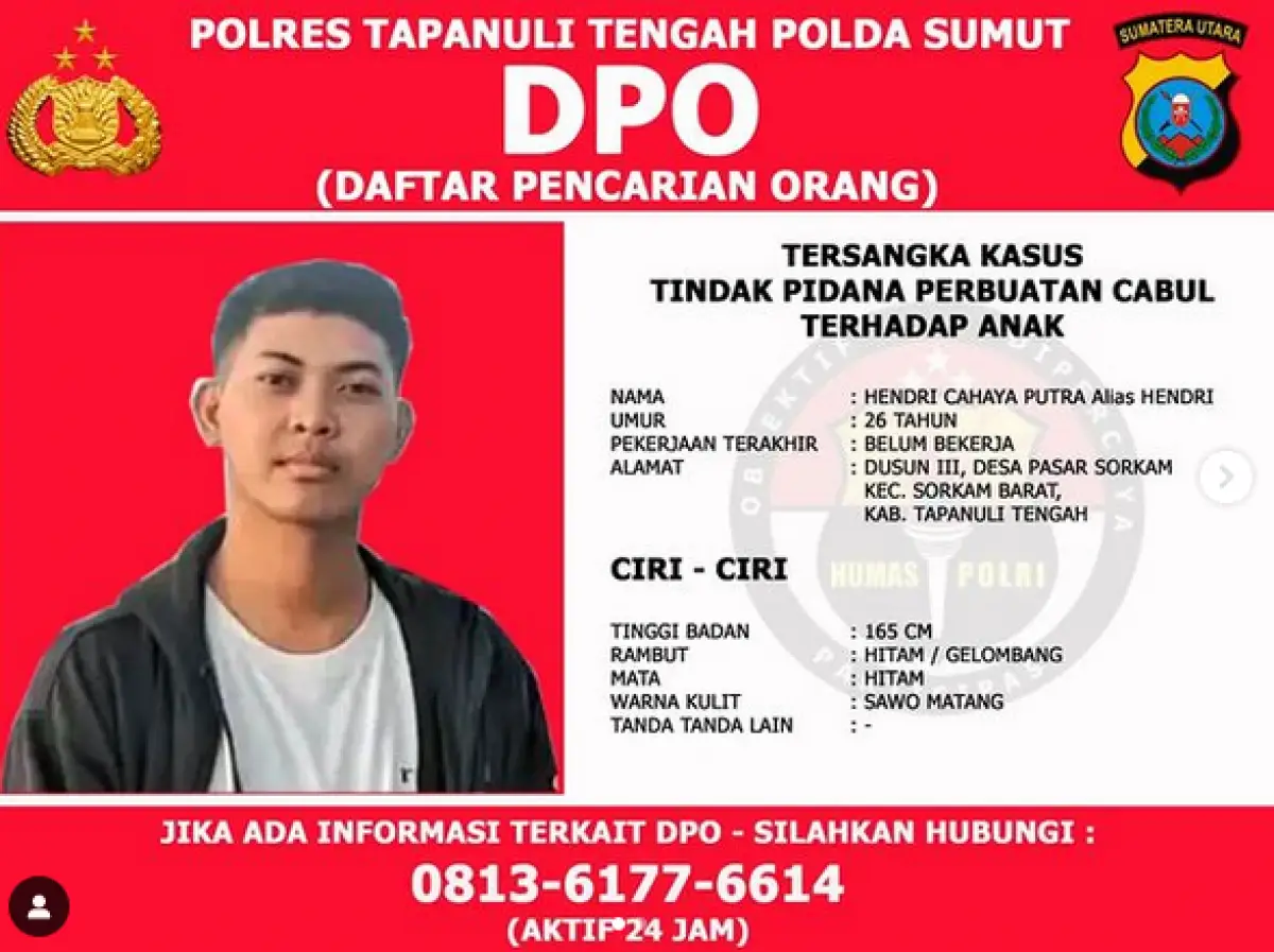 Masih Buron! Pria 26 Tahun Kini Jadi DPO Usai Rudapaksa Puluhan Anak (Sumber : Instagram/@polrestapanulitengah)