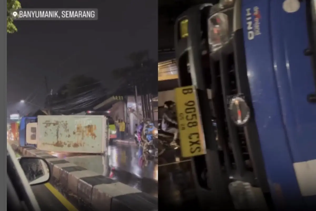 Kronologi Kecelakaan Truk Terguling di Tengah Jalan Setiabudi Banyumanik, Kondisi Terkini Sopir Jadi Sorotan (Sumber : Instagram/@infokejadian_semarang)