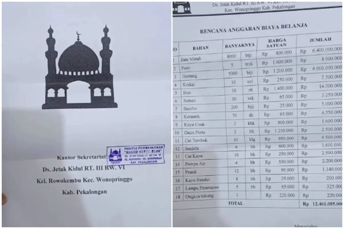 Viral Proposal Pembangunan Masjid di Pekalongan, Harga 1 Bata Rp 800 Ribu (Sumber : instagram.com/undercover.id)