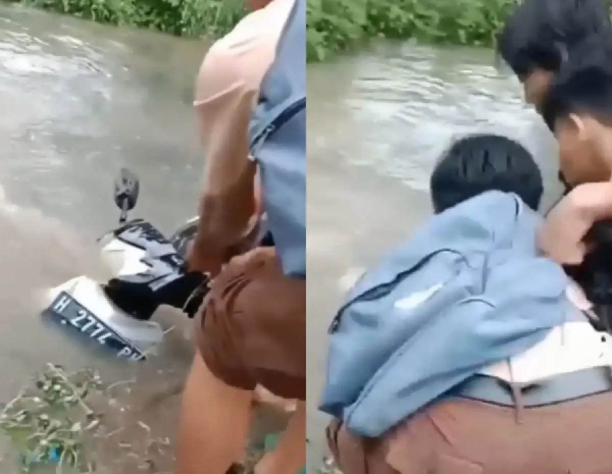 momen motor siswa di Genuk nyemplung saat berangkat sekolah (Sumber : instagram @infokejadian_genuk)
