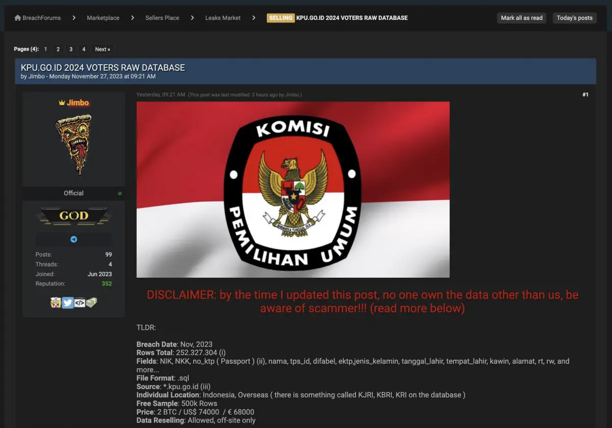 Situs KPU Kebobolan Jelang Pemilu 2024, Ratusan Juta Data Warga Indonesia Dijual di Forum Hacker (Sumber : x.com/@secgron)