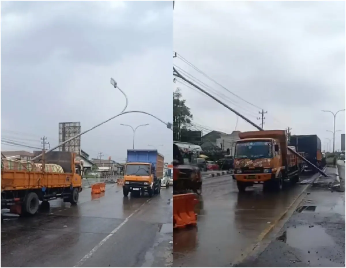 Sebuah Truk tertimpa lampu jalan di Jalan Kaligawe (Sumber : instagram @infokejadian_genuk)