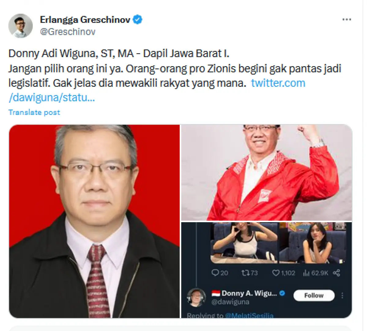 Caleg PSI diduga pro zionis (Sumber : Twitter/@Greschinov)