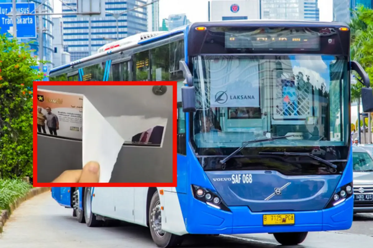 Diduga Stiker Kampanye Dipasang Di Bus TransJakarta, Ini 6 Lokasi Terlarang Untuk Dipasangi Alat Peraga Kampanye (Sumber : Kolase foto SHUTTERSTOCK/AKHMAD DODY FIRMANSYAH dan X/rafenditya)