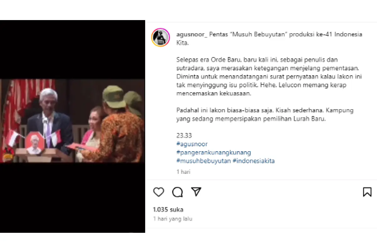 Agus Noor dan Butet Kartaredjasa menyoal intervensi kepolisian dalam pementasan "Musuh Bebuyutan" di TIM. (Sumber : Instagram/agusnoor_)