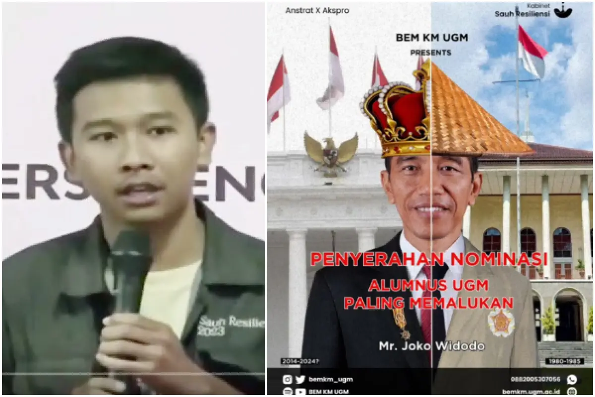 BEM UGM Cap Presiden RI Sebagai Alumnus Paling Memalukan, Gielbran: Jokowi Itu Licik dan Culas Sekali (Sumber : Kolase foto instagram @bemkm_ugm dan tangkapan layar X @BosPurwa)