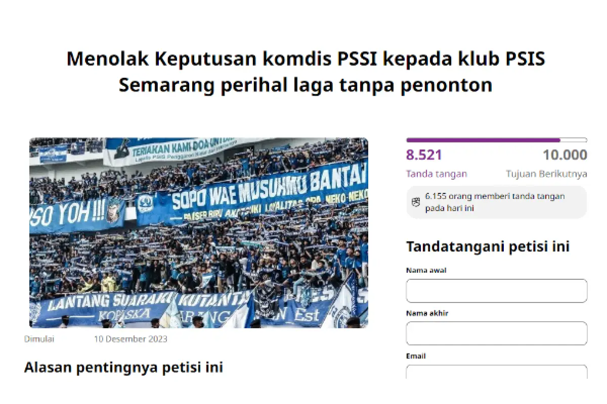 Panser Biru rilis petisi online "Menolak Keputusan komdis PSSI kepada klub PSIS Semarang perihal laga tanpa penonton." (Sumber : change.org)