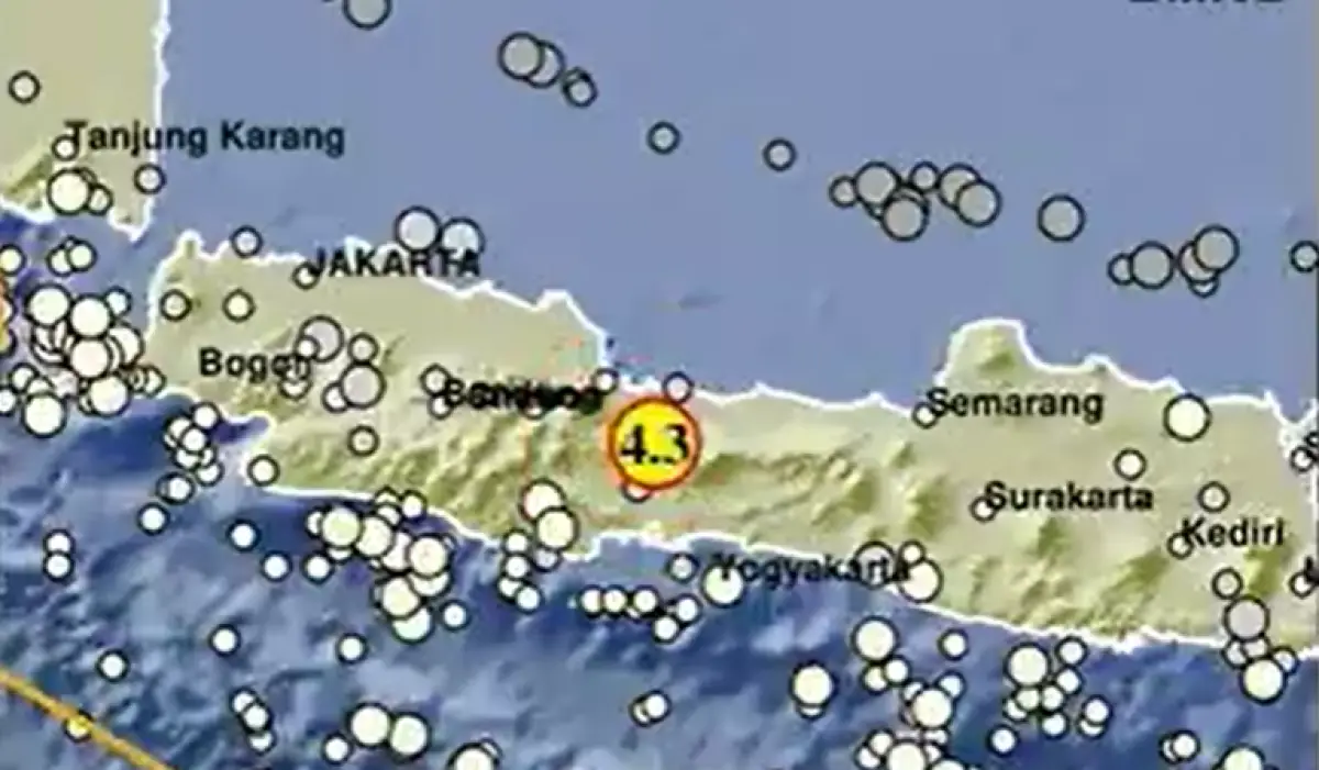 Gempa dengan kekuatan magnitudo 4,3 mengguncang wilayah Tegal, Jawa Tengah pada Jumat 15 Desember 2023 malam. (Sumber : BMKG)