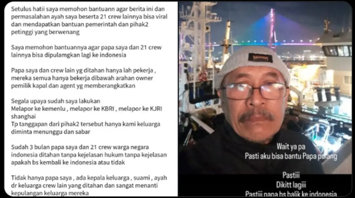 Viral kisah 22 ABK asal Indonesia yang ditahan di kepolisian Tiongkok sejak Oktober 2023 lalu, namun berujung hilang kontak sejak November 2023 hingga saat ini. (Sumber : Instagram @normafebrianty_ - InfoSemarang.com)