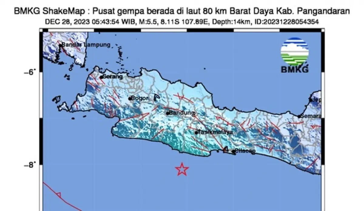 Gempa bumi mengguncang Pangandaran, Jawa Barat, pada Kamis 28 Desember 2023 pagi pukul 05.43 WIB dengan kekuatan magnitudo 5,5. (Sumber : BMKG - InfoSemarang.com)