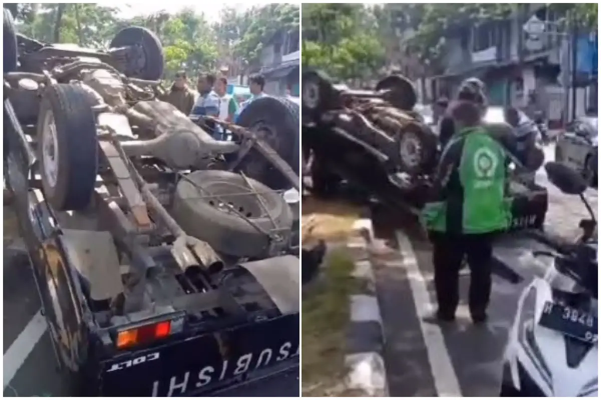 Kecelakan di Turunan Silayur, Pick UP Terguling Usai Tabrak Pal (Sumber : instagram.com/infokejadian_semarang)
