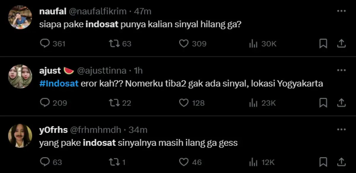 Tahun Baru 1 Januari 2024, pengguna Indosat khusus IM3 dan 3 mengeluh soal sinyal internet yang hilang total sejak Senin pagi pukul 10.00 WIB. (Sumber : X - InfoSemarang.com)