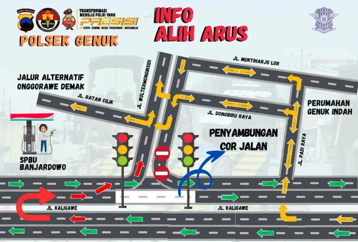 Proyek peninggilan jalan di Simpang Genuksari, akses jalan Woltermonginsidi ke arah Jalan Kaligawe ditutup hingga 22 Januari 2024 mendatang. (Sumber : Polsek Genuk - InfoSemarang.com)