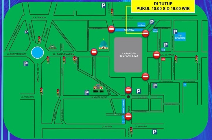Info pengalihan arus di Simpang Lima, Sabtu 10 Februari 2024, ada kampanye Ganjar-Mahfud. (Sumber: Satlantas Polrestabes Semarang - InfoSemarang.com)