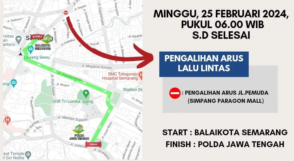 Info pengalihan arus lalu lintas di Semarang, ada pawai Drum Corps Akpol, Minggu 25 Februari 2024. (Sumber: Dishub Kota Semarang)