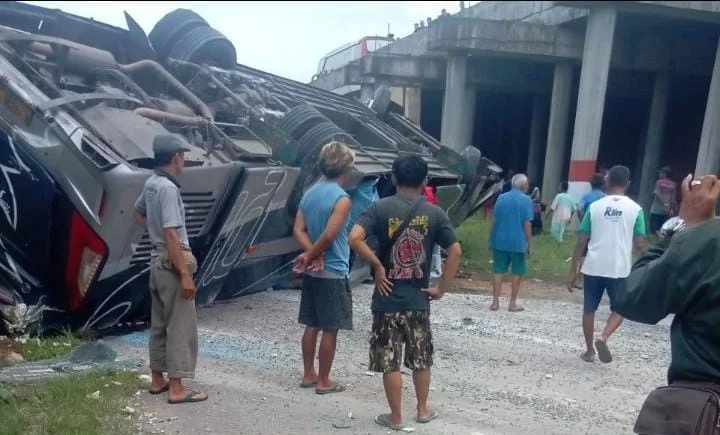Kecelakaan di Tol Pemalang-Batang, bus terjun dari jalan tol Ampelgading, Comal, Minggu 21 Januari 2024. (Sumber: Jenny Tum Hi Ho - InfoSemarang.com)