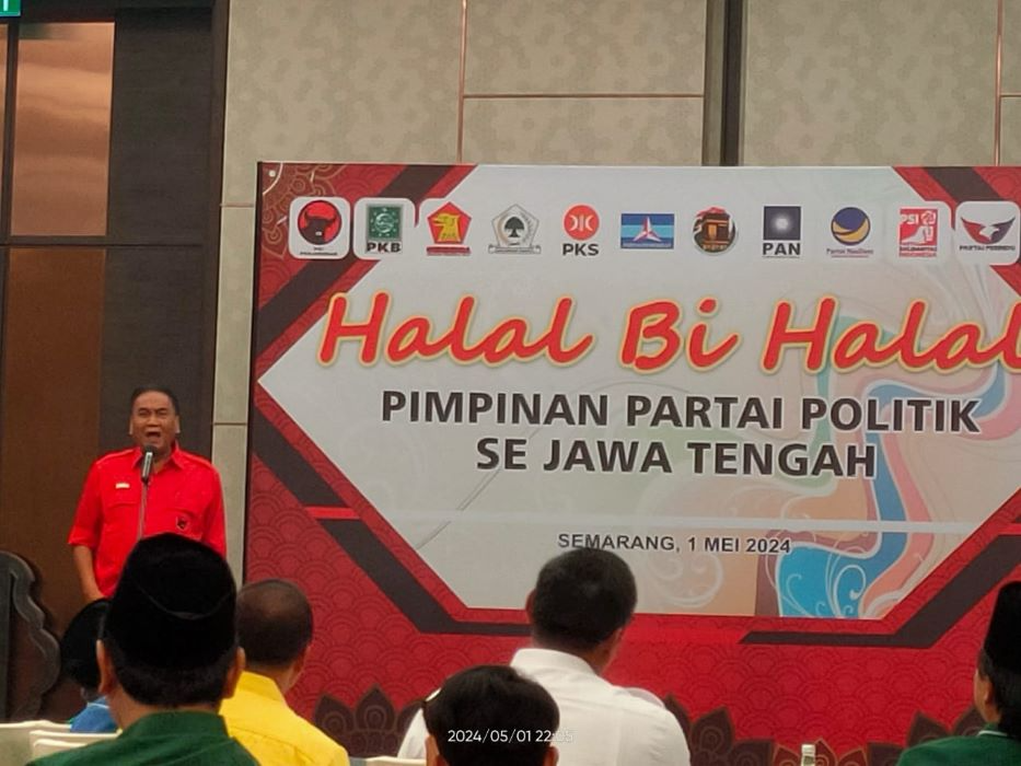 Ketua DPD PDI P jateng Bambang Wuryanto menyampaikan sambutan saat Halal Bihalal Pimpinan Partai Politik se-Jateng. (Sumber:  | Foto: sakti setiawan)
