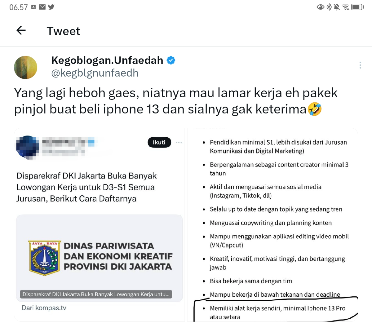 Loker Disparekraf DKI Jakarta viral usai cantumkan syarat punya iPhone 13 pro (Sumber: twitter | Foto: @kgblgnunfaedah)